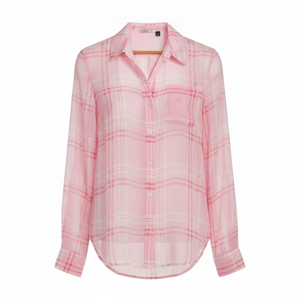 SO Button-Down Plaid Shirt Size XL Pink Sheer Long Sleeve